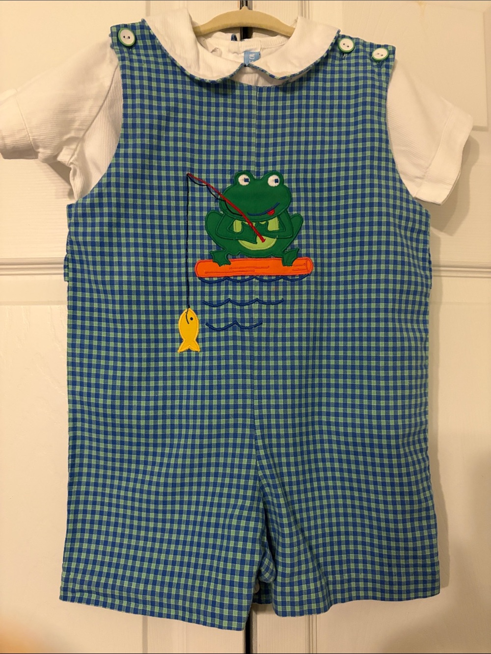 Mondays Child Blue Gingham Frog Appliqué Kids Romper with White Matching Shirt 3